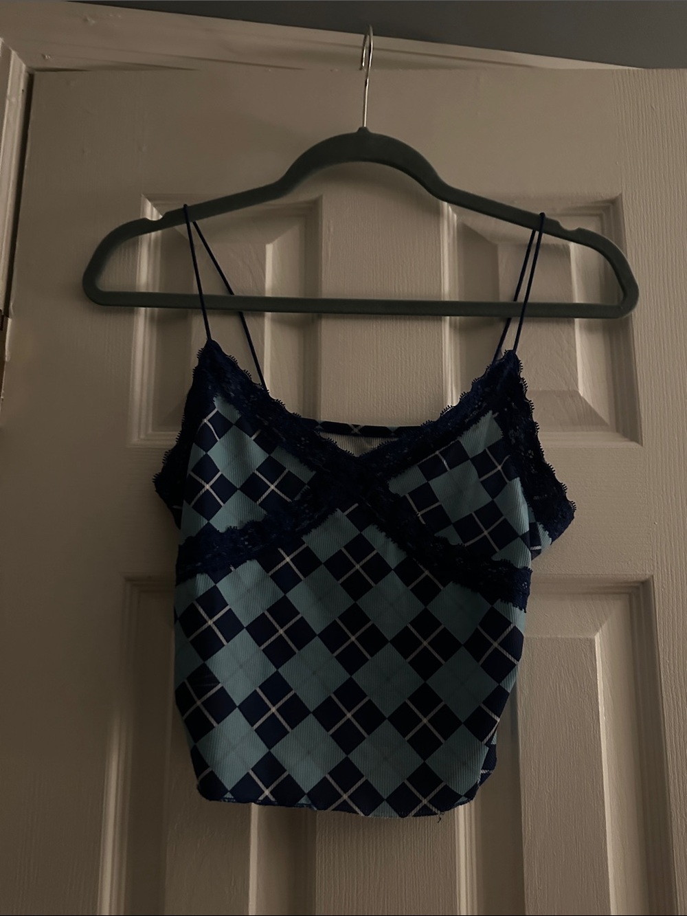 SHEIN Navy & Light Blue Argyle Lace Trim Cami